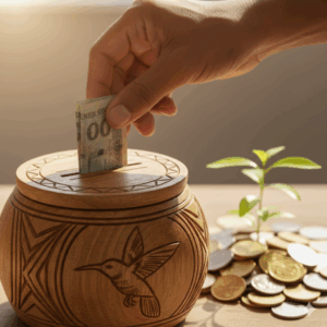 A person contributing to a traditional sou-sou in Trinidad, with a plant growing from coins in the background representing the concept of financial growth.