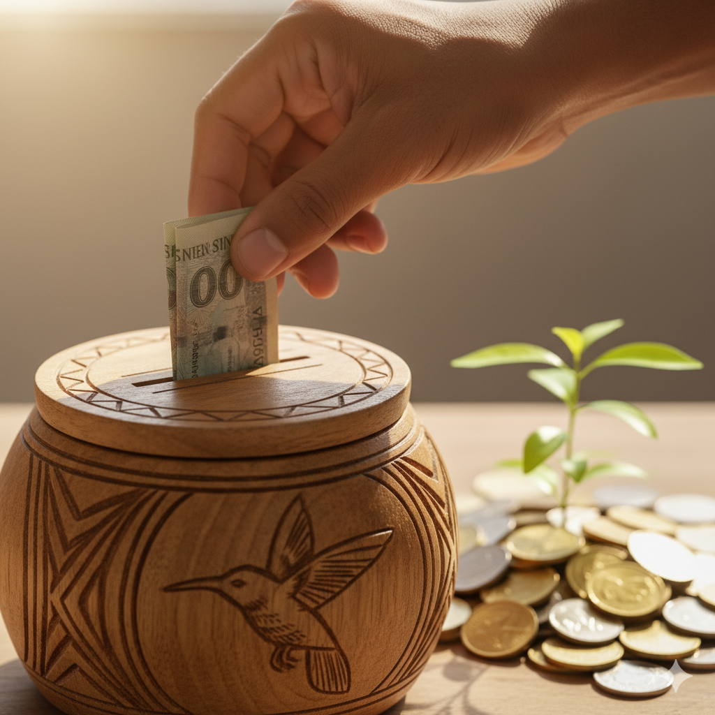A person contributing to a traditional sou-sou in Trinidad, with a plant growing from coins in the background representing the concept of financial growth.