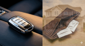 A shiny luxury car parked in a driveway (focus), but the house behind it is fading/transparent (ghostly). Or a split screen: Shiny Key Fob vs. Empty Wallet. depicting life insurance in trinidad vs car insurance