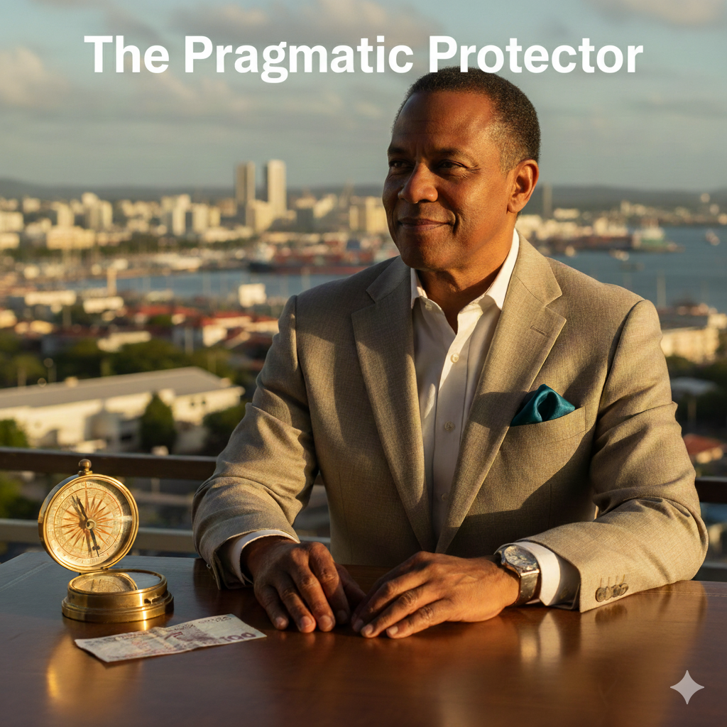 A confident, well-dressed man of Trini descent standing in an office with a Port of Spain skyline background, resting his hands near a brass compass and a TTD $100 bill.