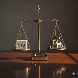 A brass scale balancing a concrete NIB block against a miniature house, explaining the NIB vs Private Annuity T&T choice for a secure retirement. The Pragmatic Protector.