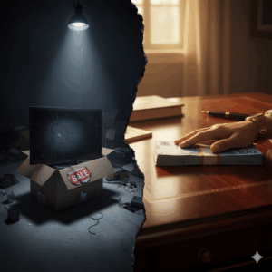 Split image showing a broken TV representing Black Friday investment waste versus a stack of Trinidad currency representing smart annuity investment.