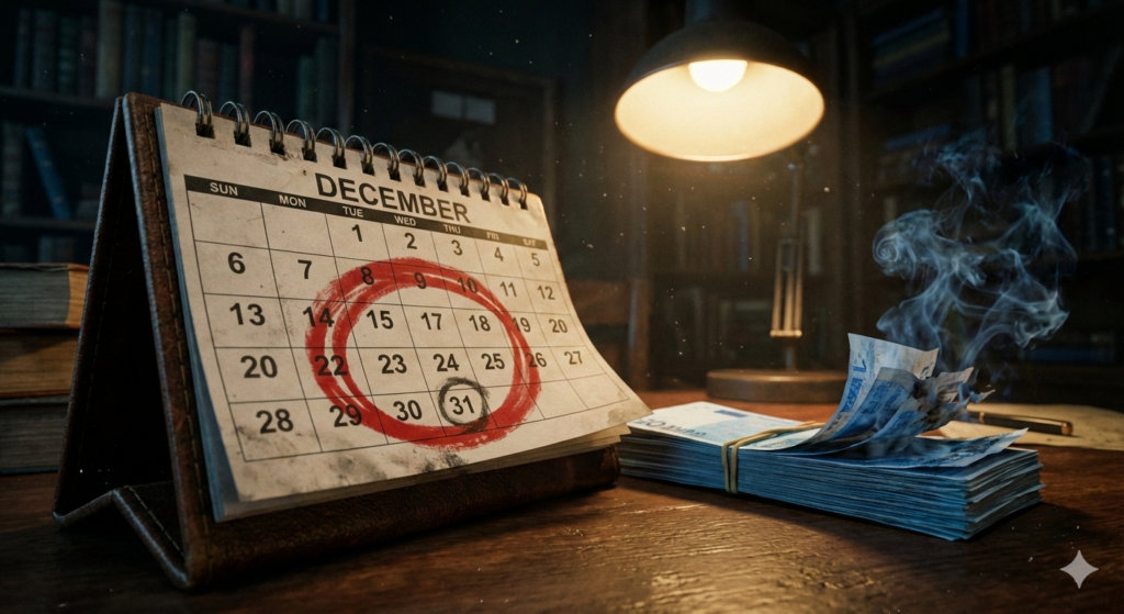 Desk calendar showing December deadline with Trinidad money dissolving, representing the procrastination tax and lost annuity savings.